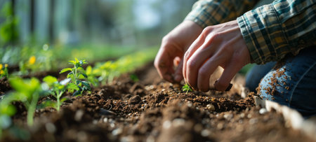 Close-up of farmers hands planting hemp seeds in fertile soil among rows of young sprouted marijuana shoots in a greenhouse. Legalized cultivation of cannabis for medical purposes.の素材