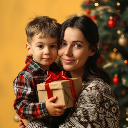Close-up portrait of beautiful Caucasian mother and her little son in knitted sweaters with gift boxes near the Christmas tree. Cheerful mom and cute child exchange gifts. Morning Christmas.の素材