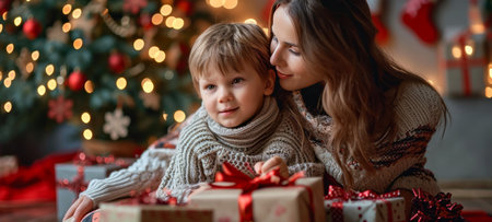 Close-up portrait of beautiful Caucasian mother and her little son in knitted sweaters with gift boxes near the Christmas tree. Cheerful mom and cute child exchange gifts. Morning Christmas.の素材