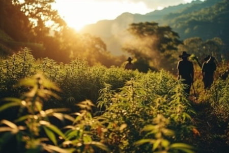 General view of a field with mature cannabis plants and silhouettes of farmers inspecting the crop under the golden light of the setting sun. Legalized hemp cultivation.の素材