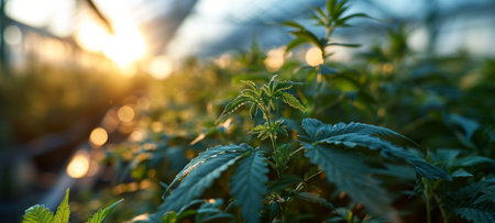 Close-up of mature marijuana plants in a modern greenhouse illuminated by natural sunlight. Legalized hemp cultivation for medical purposes.の素材