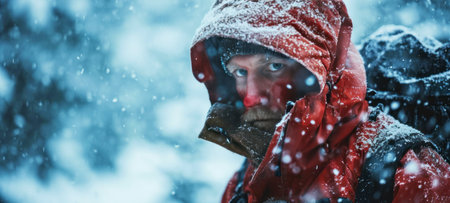 Close-up portrait of a mature man in winter clothes with frost on his ruddy frozen face. A fearless explorer and extreme tourist, he endures severe frost.の素材