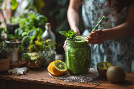 Close-up of womans hands preparing green smoothie in a large jar at rustic kitchen table. Slices of kiwi, oranges and bunches of green leaves on the table. Healthy food and vegetarianism.の素材