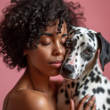 Close-up portrait of overjoyed African American young woman hugging her Dalmatian dog. Happy beautiful dark skinned girl with devoted pet. Isolated on pink background.の素材