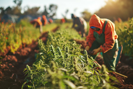 Hemp farm during harvest time. Workers in protective clothing are using both hand tools and machinery to carefully harvest mature plants. Legalized cannabis cultivation for medical purpose.の素材