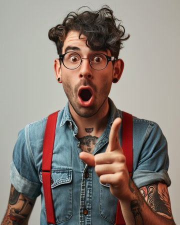 Caucasian man with beard and mustache wearing denim shirt and red suspenders over light grey background. Hipster with glasses looks amazed and surprised and points up with his forefinger.の素材