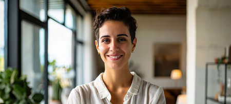 Close-up portrait of smiling young Caucasian woman with short haircut standing by the window in a modern startup office. Successful female professional working on a new project.の素材