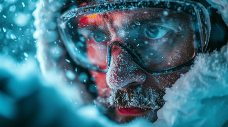 Close-up portrait of a mature Caucasian bearded man in winter clothes and goggles with frost on his ruddy frozen face. A fearless explorer and extreme tourist, he endures severe frost.の素材