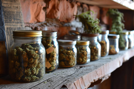 Close-up glass jars with various dried herbs on a shelf made of rough wooden board .Dried herbs in glass jars on a wooden shelf. A variety of dehydrated foods in glass jars with lids, a wooden shelf in a rustic style. Organization of storage of dried herbsの素材