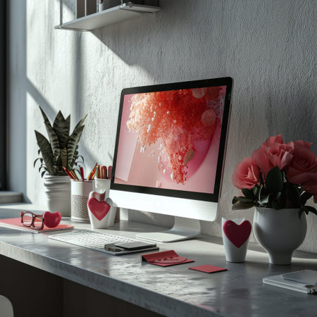Side view of a computer, a plant in a pot, books and office supplies on a marble tabletop against a gray wall. Blank screen for advertising design. A beautiful place to work with natural light from a large window, on a marble tabletop there is a monitor, keyboard, stationery, a mug with a heart, glasses and a tablet. Concept work from home, remote work. Mockup. Copy space.の素材