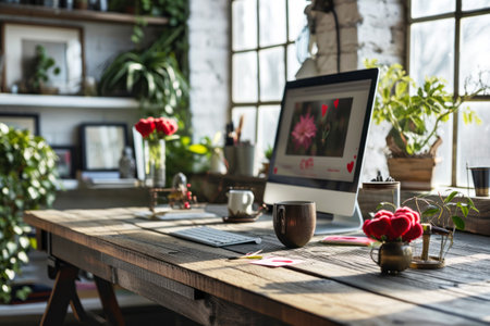 Side view of a computer, a plant in a pot, books and stationery on a wooden table. Blank screen for advertising design. A beautiful place to work with natural light from a large window, on a wooden table there is a monitor, keyboard, stationery, and a mug with a drink. Mockup. Copy space.の素材