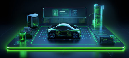 3D graphics rendering showing a fully developed electric vehicle prototype. An electric car standing on a platform with blue-green holographic neon lighting on a dark blue background. Future is now.の素材