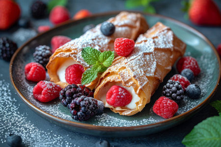 Close-up of a plate with traditional Italian cannoli, dusted with powdered sugar and garnished with fresh berries and mint leaves. Traditional Sicilian dessert.の素材