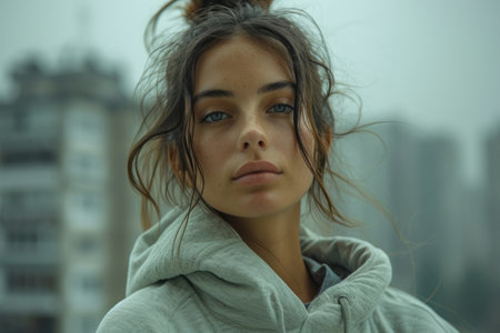 Close-up portrait of a young Caucasian woman in gray sports hoodie against the background of urban buildings. Attractive brown-haired girl with a confident look. Outdoor workouts, active lifestyle.の素材