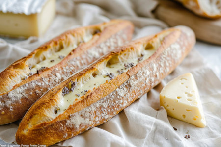 Close-up shot of French baguettes and cheese on a white linen tablecloth. Healthy simple organic food.の素材