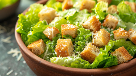 Close-up of ceramic bowl with delicious Caesar salad. Classic Italian salad with green Romano leaves, chicken fillet, Parmesan cheese, homemade croutons and dressing.の素材