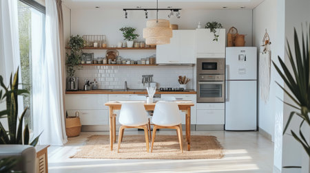 Interior of modern minimalist Scandi kitchen. Flat white facades, white tile backsplash, open shelves with kitchen utensils, wooden dining table with chairs, built-in home appliances, indoor plants.の素材