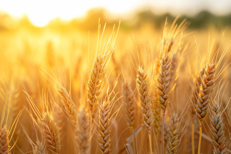 Close-up of golden wheat ears. Harvest concept. Endless wheat field on late summer morning time, backlight by the rising sun. Creative background, shallow depth of the field.の素材