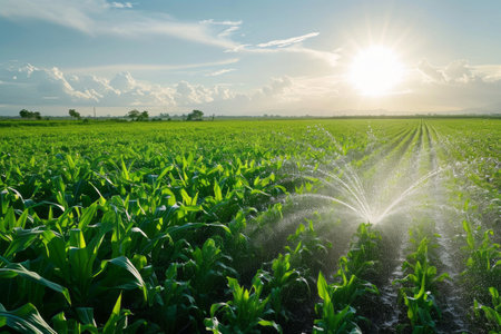 Watering of wheat, rye or corn green seedlings in a vast field. Modern automated agriculture system with irrigation sprinklers spraying water over lush crops on beautiful sky background.の素材