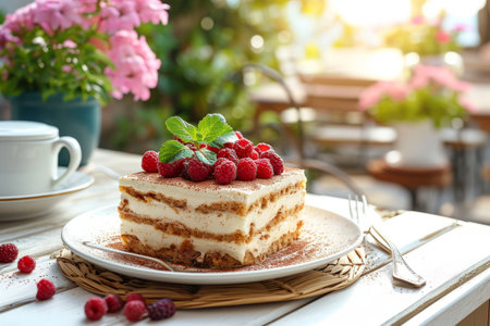 Close-up of wooden table with a plate of tiramisu and a cup of coffee in a stylish outdoor cafÃ© bathed in sunlight. Traditional Italian dessert topped with cocoa and fresh berries.の素材