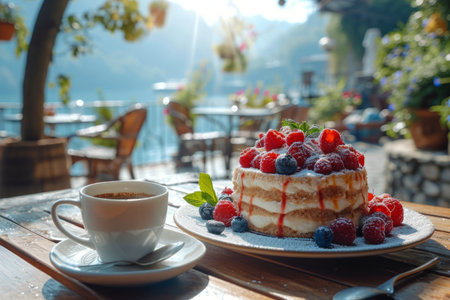 Close-up of wooden table with a plate of tiramisu and a cup of coffee in a stylish outdoor cafÃ© bathed in sunlight. Traditional Italian dessert topped with cocoa and fresh berries.の素材