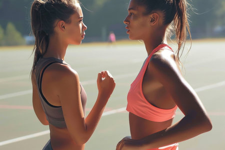 Two beautiful Caucasian young women wearing sportswear looking at each other during outdoor fitness in the stadium. Slender girls advertise healthy lifestyle in an urban environment.の素材