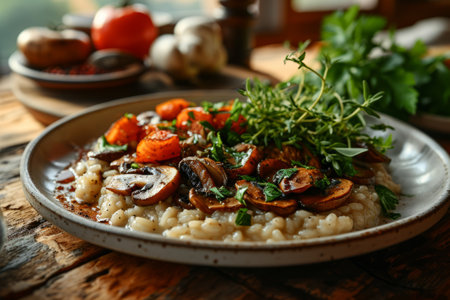 Close-up of white ceramic plate with mushroom risotto on wooden table. Fresh herbs and spices scattered around, highlighting the dish vividness. Traditional Italian cuisine.の素材