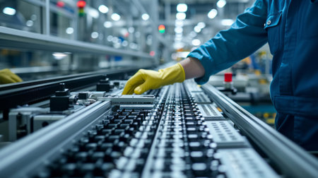 Close-up of assembly line in a modern hi-tech facility. Conveyor in a bright modern industrial workshop. Workers operate and monitor an automated assembly line for electronic devices and gadgets.の素材