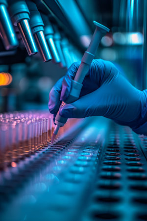 Cropped close-up of scientists hands in rubber protective gloves and a row of test tubes in scientific chemical laboratory. Development and production of innovative vaccines to treat pandemics.の素材