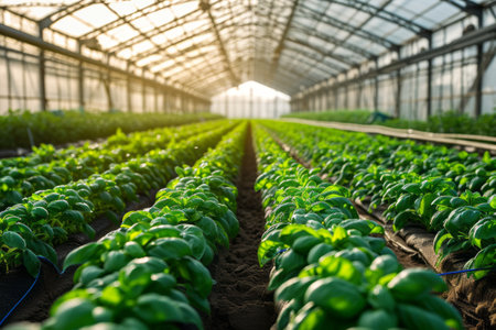 Rows of crop seedlings in a greenhouse. Agricultural plants grow in ideal conditions and protected from extreme weather conditions. Smart farming, innovative organic agriculture.の素材