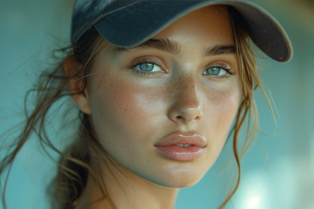 Close-up portrait of a young Caucasian woman in gray sportswear and baseball cap against a concrete wall. Attractive brown-haired girl with a confident look. Outdoor workouts, active lifestyle.の素材