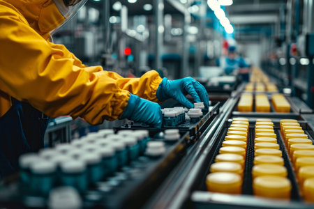 Workers in protective uniforms and helmets check and sort packages on conveyor belt in warehouse or factory. Cylindrical plastic containers on conveyor rollers ready to be shipped for distribution.の素材