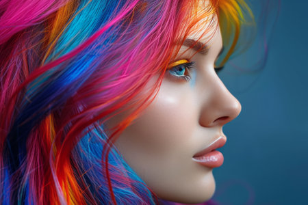 Close-up portrait of beautiful young Caucasian woman with long wavy hair dyed in different neon colors. Charming female model with perfect makeup and multi-color hairstyle. Diversity in fashion.の素材
