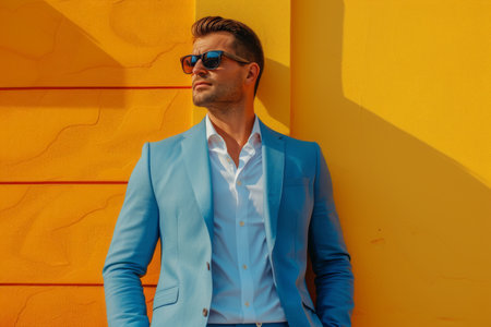 Half-length portrait of elegant, stylish young businessman in formal wear leaning to yellow wall. Perfectly fitted light blue suit, white shirt with the top button undone, trendy sunglasses.の素材
