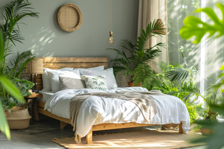 Stylish interior of modern bedroom decorated with many green house plants. Scandi style furniture, panoramic window with garden view. Integration of living nature in residential interiors.の素材