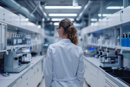 Close-up of female scientist in rubber protective gloves and a row of test tubes in scientific chemical laboratory. Development and production of innovative vaccines to treat pandemics.の素材