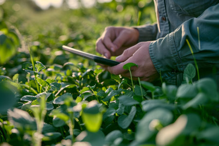 Close-up of farmers hands holding tablet in a corn field under the light of setting sun. Farmer uses special application to control crops development. Smart farming and precision agriculture.の素材