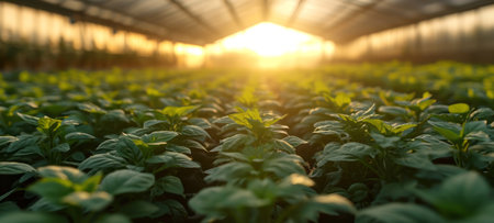 Close-up of crop seedlings in a greenhouse. Plants grow in ideal conditions and protected from extreme weather conditions. Smart farming, innovative organic agriculture.の素材
