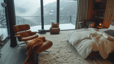 Elegantly Lit Bedroom with Textured Accents and a Refined Modern Aestheticの素材