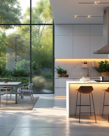 Harmony of Nature and Modernity: Chic Kitchen with Panoramic Views and Natural Aestheticsの素材