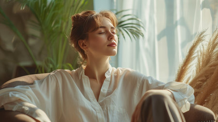 Beautiful young Caucasian woman posing indoor at home in casual clothes. Girl with ginger hair sits relaxed in comfortable armchair. Soft light from the window.の素材