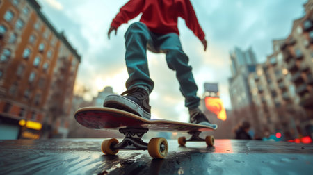 Low angle cropped shot of a male skateboarder riding along a city street. City buildings and gloomy evening sky on the background. Urban subculture and sports, active lifestyle.の素材