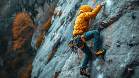 Rock climber on a rocky mountain slope. Fearless male athlete with climbing equipment is engaged in extreme sports. Active lifestyle.の素材