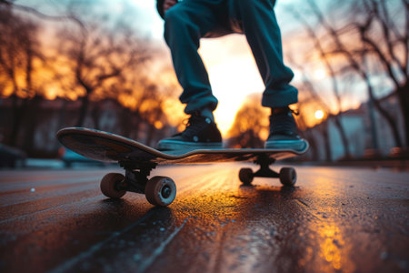 Low angle cropped shot of a male skateboarder riding along a city street on gloomy autumn day. City buildings and pale sky on the background. Urban subculture and sports, active lifestyle.の素材