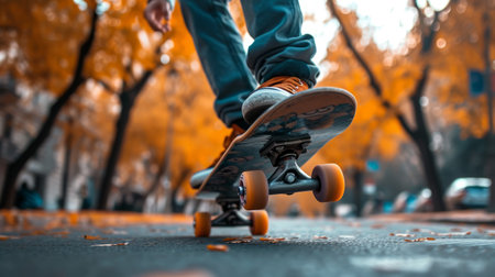 Low angle cropped shot of a male skateboarder riding along a city street on gloomy autumn day. City buildings and pale sky on the background. Urban subculture and sports, active lifestyle.の素材