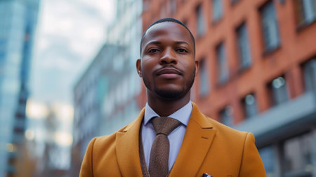 Close-up portrait of handsome young black businessman in business attire posing outdoors. Confident Afro American entrepreneur in a city street.の素材