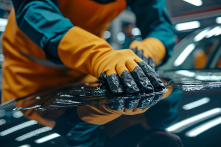 Close-up A mans hand in a protective cotton glove, using special means, puts the finishing touches on the car body after painting in the garage. Business concept of car repair by professionals in the garage.の素材