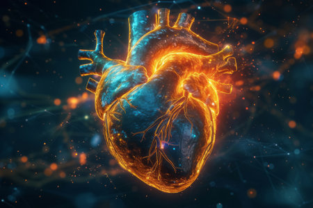 Futuristic hologram of a human heart, illuminated in orange on a dark background. The concept of innovation in cardiology, the study of diseases and disorders of the cardiovascular system. Copy space. Mockup.の素材