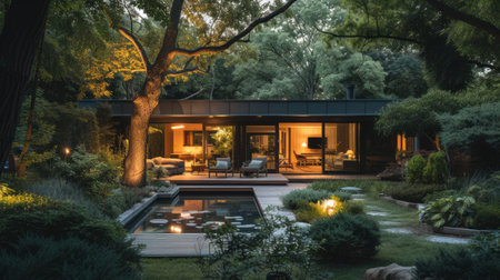 Cozy country garden with sunlit paths and decorative stones and a small pond.の素材