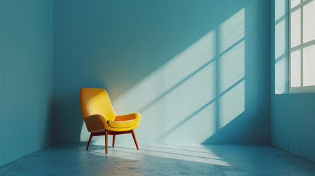 Stylish Yellow Chair in Blue Room with Natural Light and Plant Decor 3D Renderingの素材